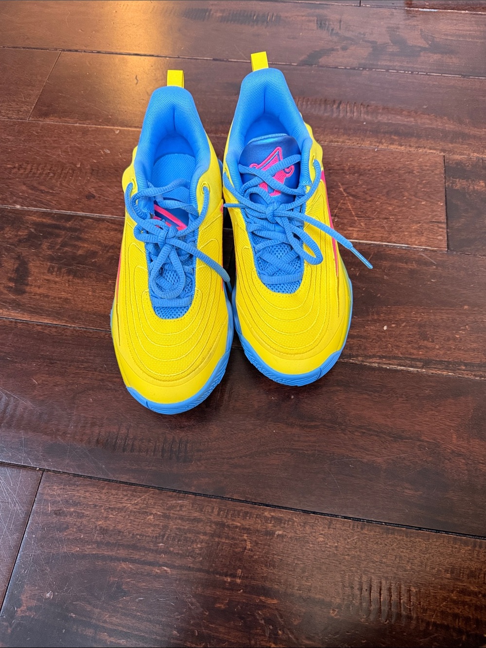 Nike Kids Yellow and Blue Lace-Up Sneakers with Pink Logo